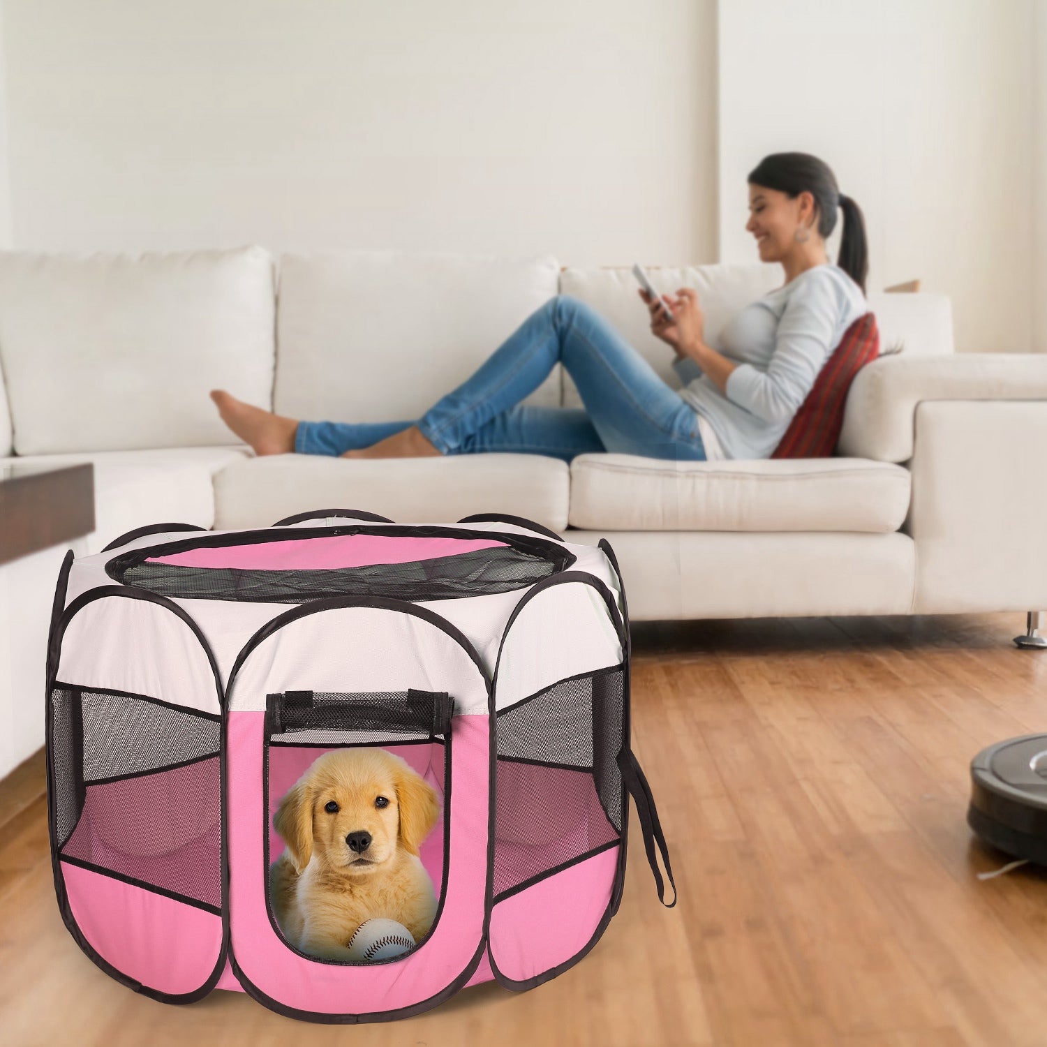 1Pc Portable Foldable Pet Tent Exercise Pen Kennel Removable Zipper Top And Bottom Water Resistant Indoor Outdoor Use For Dogs Cats Other Pets - Pink-Blue Options