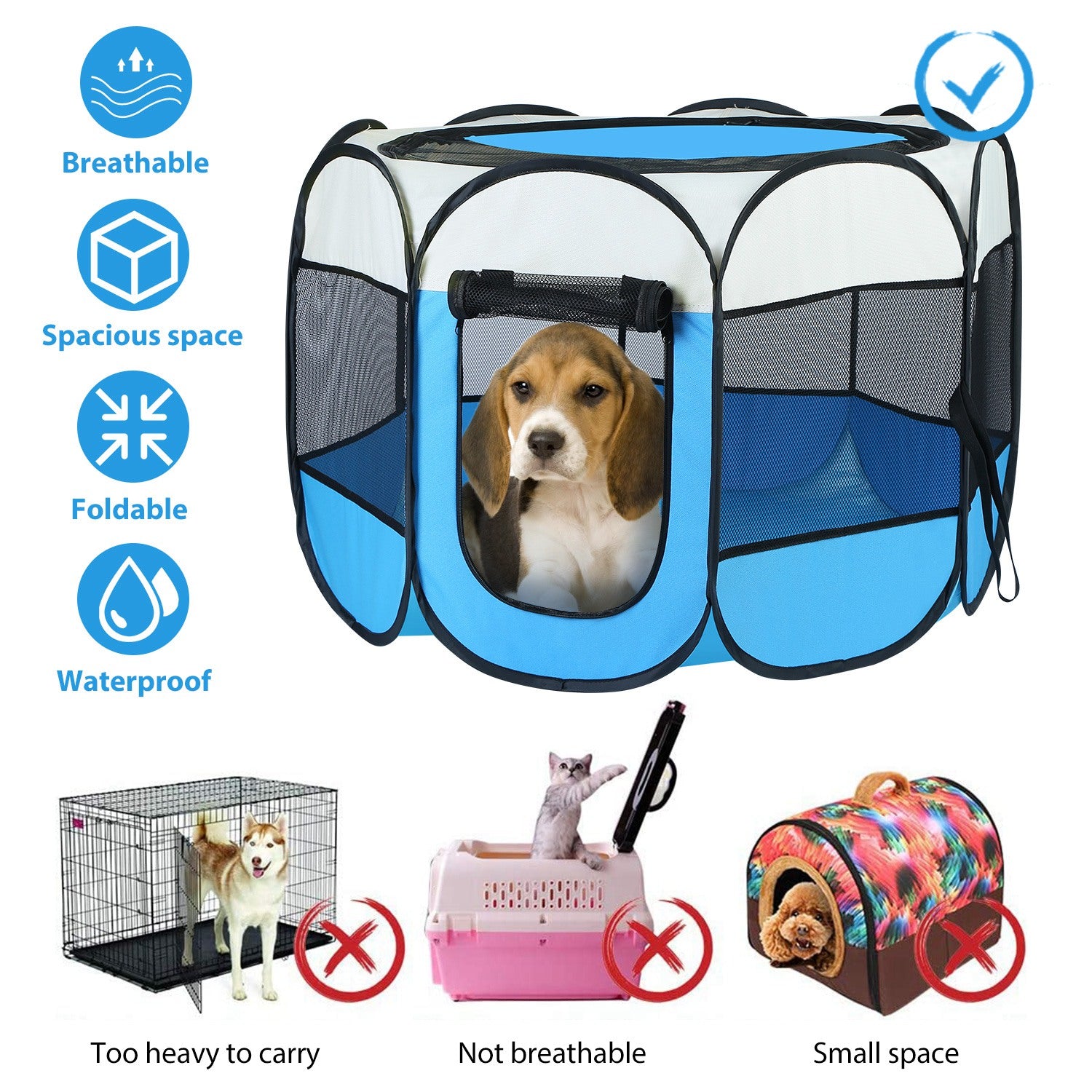 1Pc Portable Foldable Pet Tent Exercise Pen Kennel Removable Zipper Top And Bottom Water Resistant Indoor Outdoor Use For Dogs Cats Other Pets - Pink-Blue Options