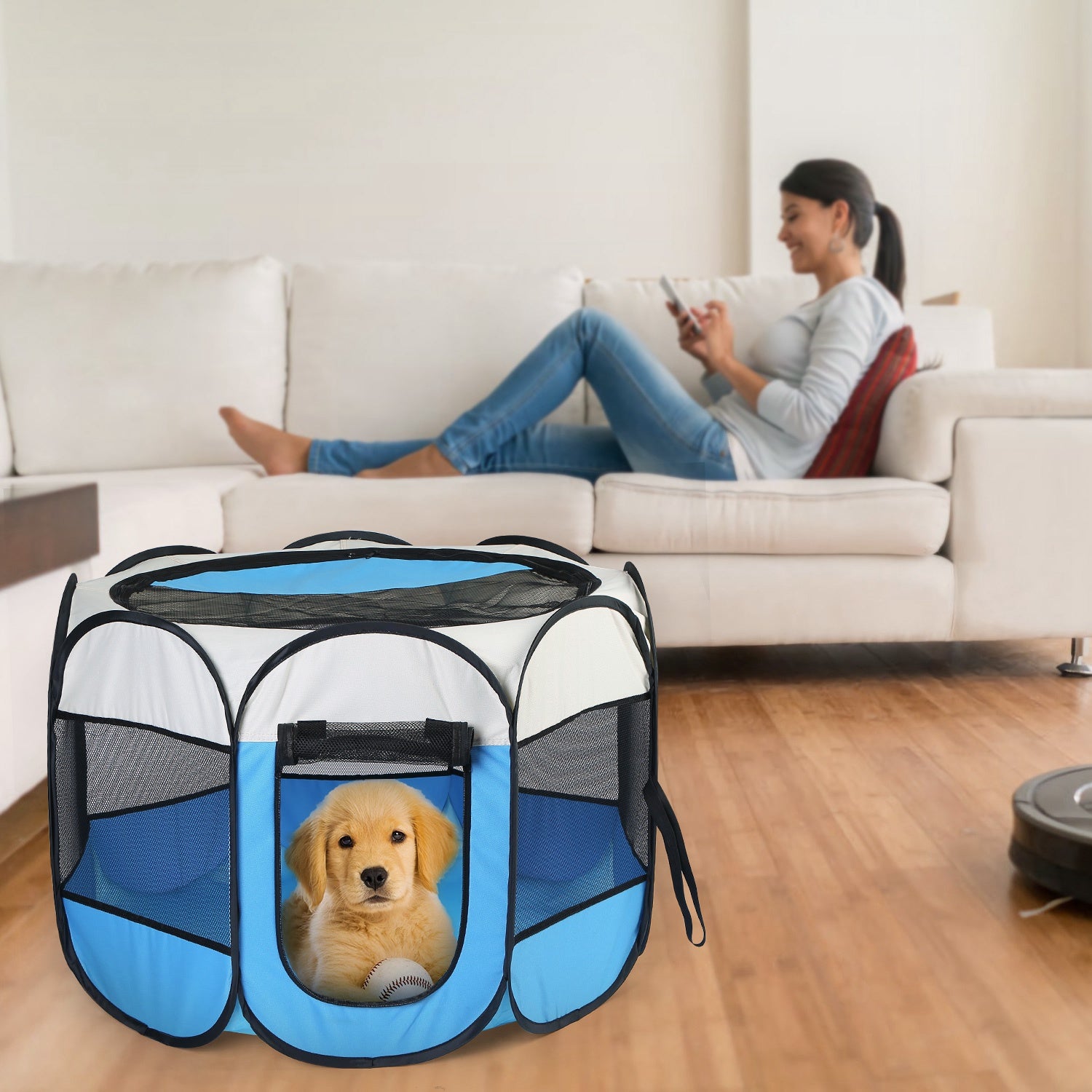 1Pc Portable Foldable Pet Tent Exercise Pen Kennel Removable Zipper Top And Bottom Water Resistant Indoor Outdoor Use For Dogs Cats Other Pets - Pink-Blue Options