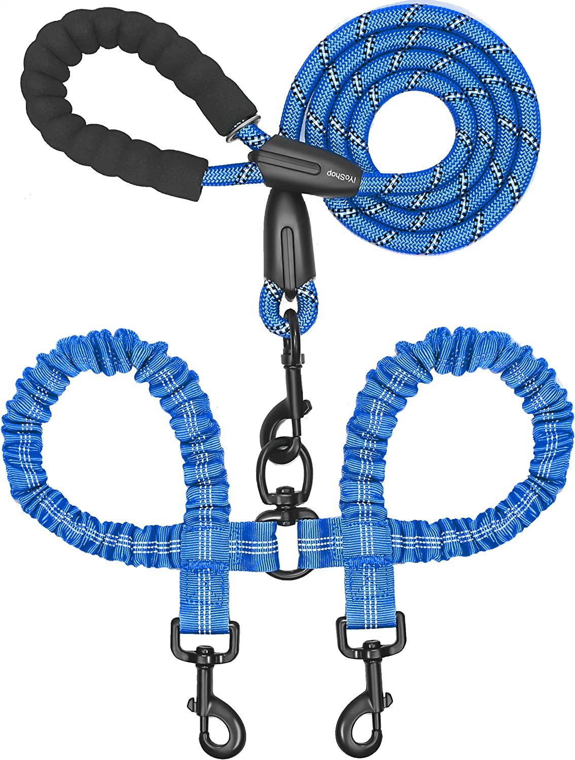 Dual Dog Leash with 360 Swivel No Tangle Shock Absorbing Bungee