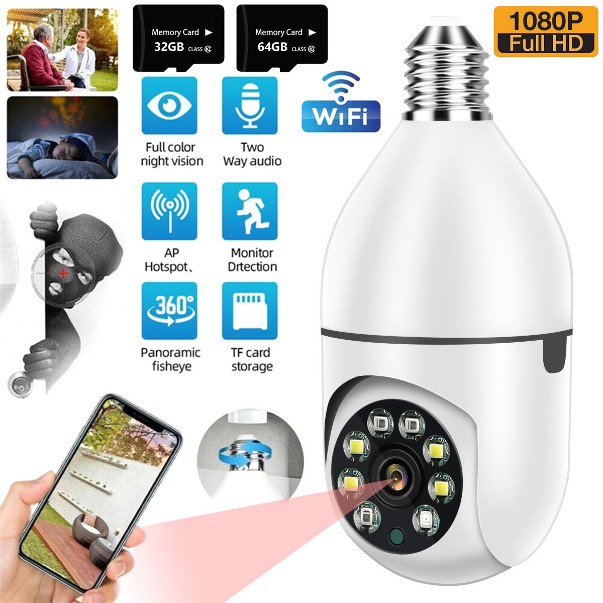 E27 Surveillance Camera LED Light Bulb Socket 360° 2.