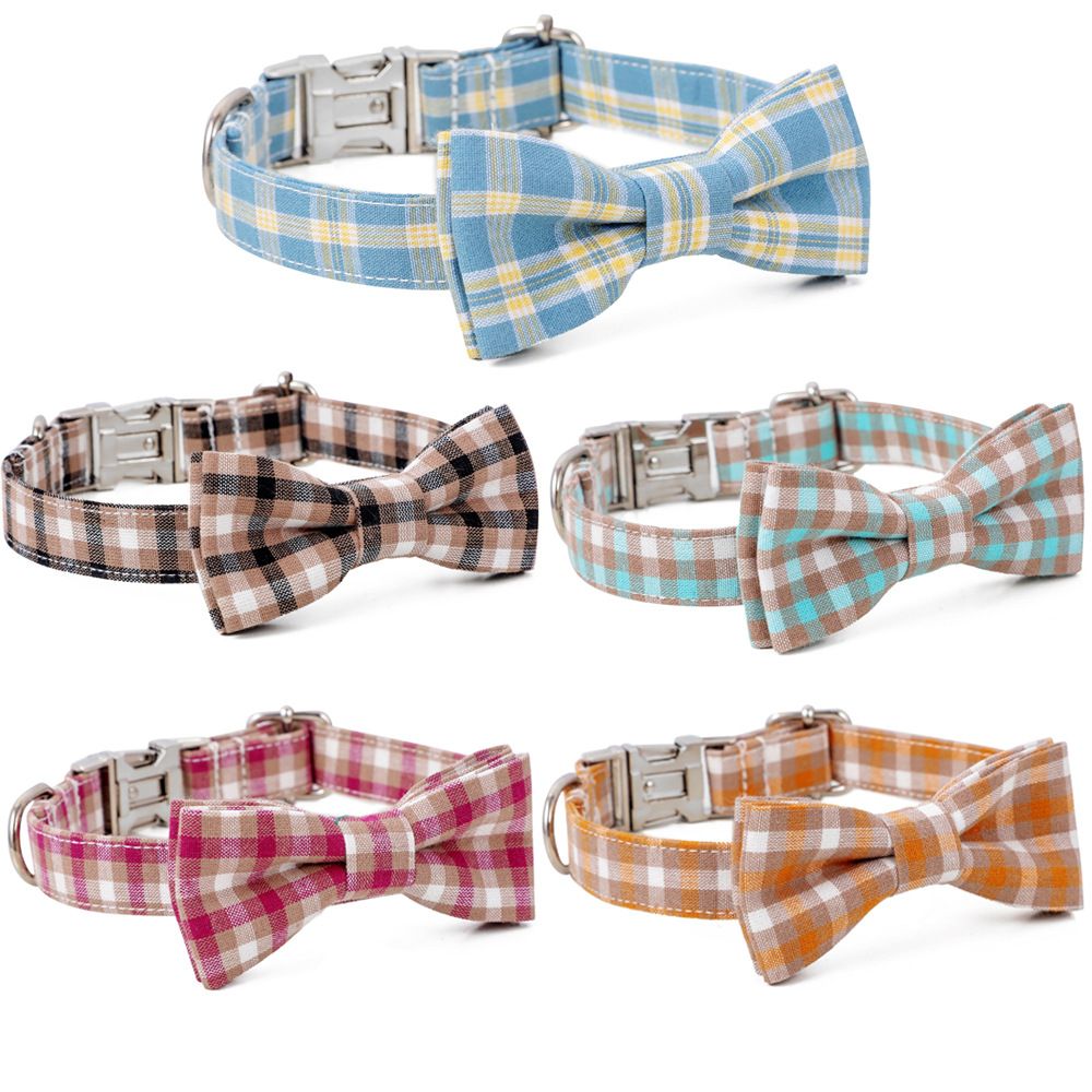 Plaid Dog Collar with Bow Gift Adjustable Soft and Comfy Bowtie Collars