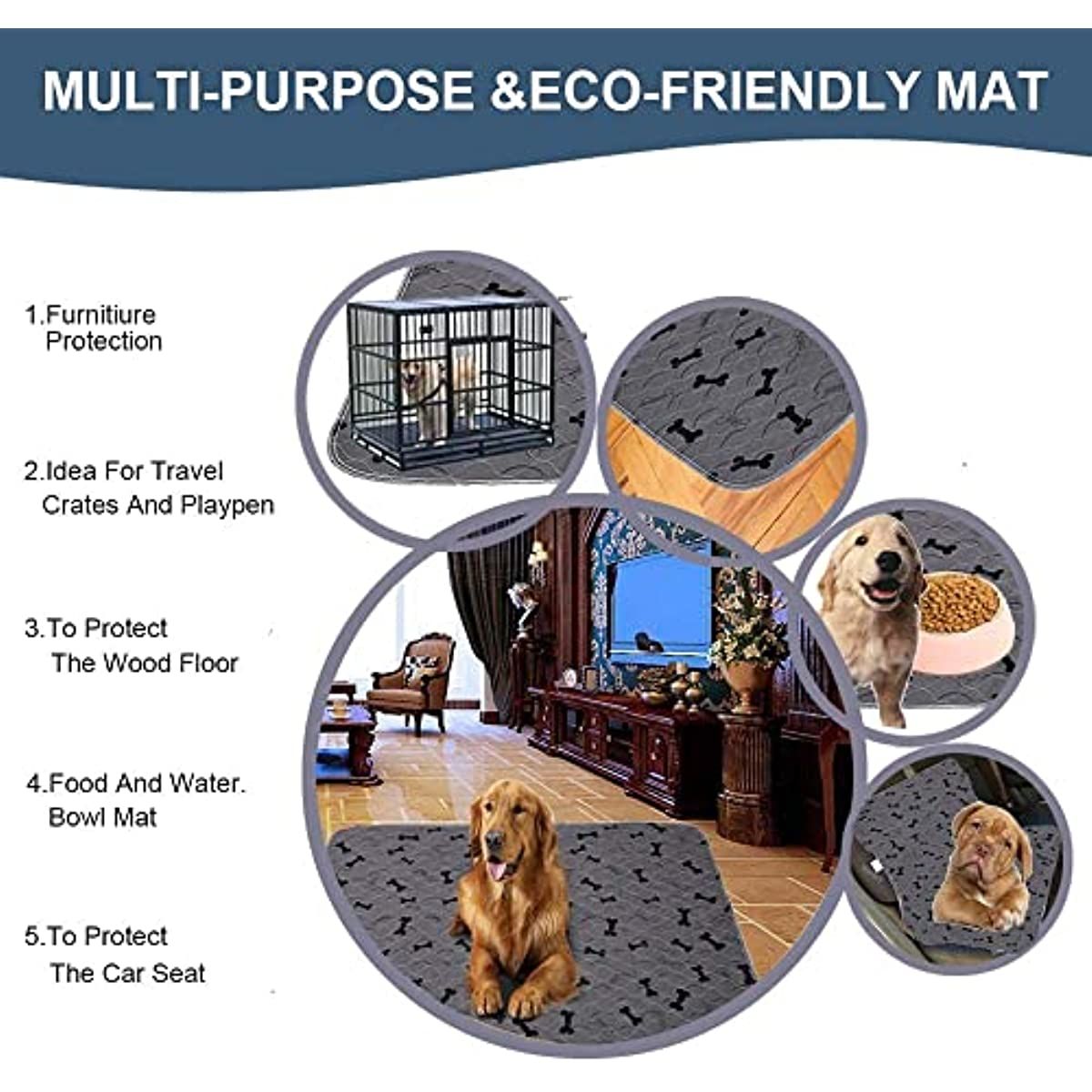 Washable Dog Pee Pads with Free Grooming Gloves; Non Slip Mats; Reusable Puppy Training