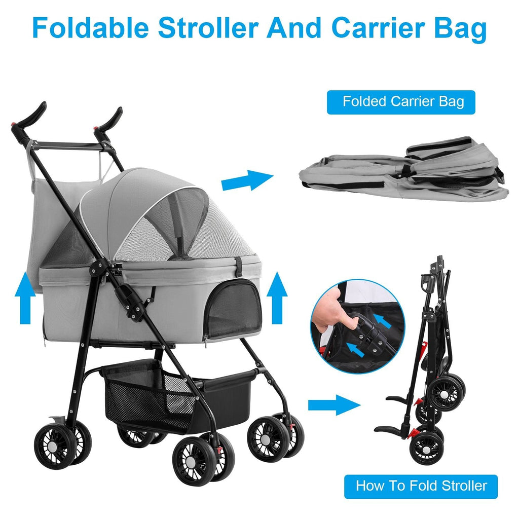 4 Wheels Pet Stroller Foldable Carrier Strolling Cart Travel Jogger with Removable Liner Storage
