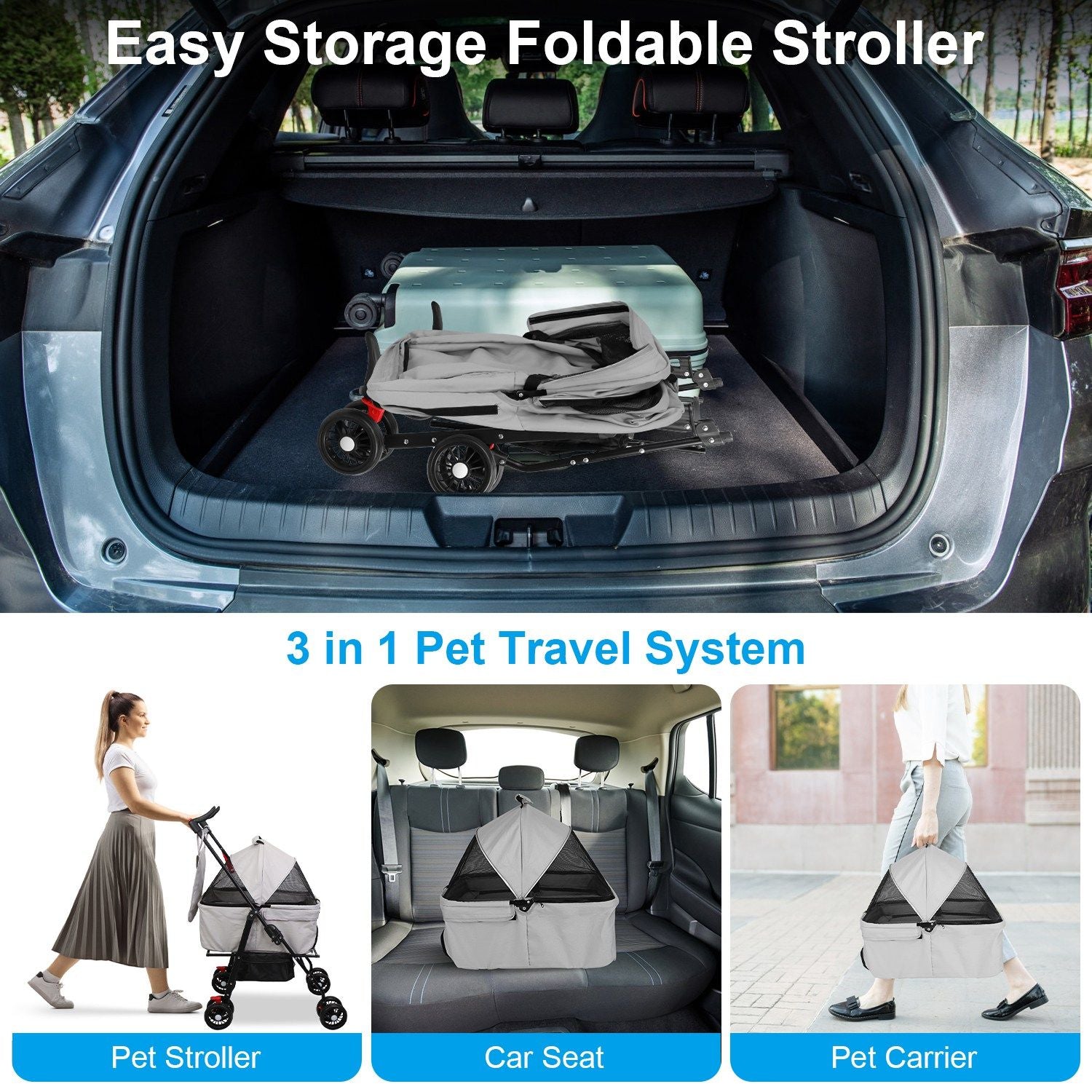 4 Wheels Pet Stroller Foldable Carrier Strolling Cart Travel Jogger with Removable Liner Storage