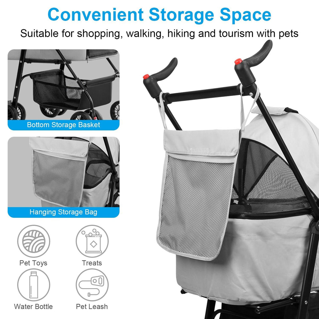 4 Wheels Pet Stroller Foldable Carrier Strolling Cart Travel Jogger with Removable Liner Storage