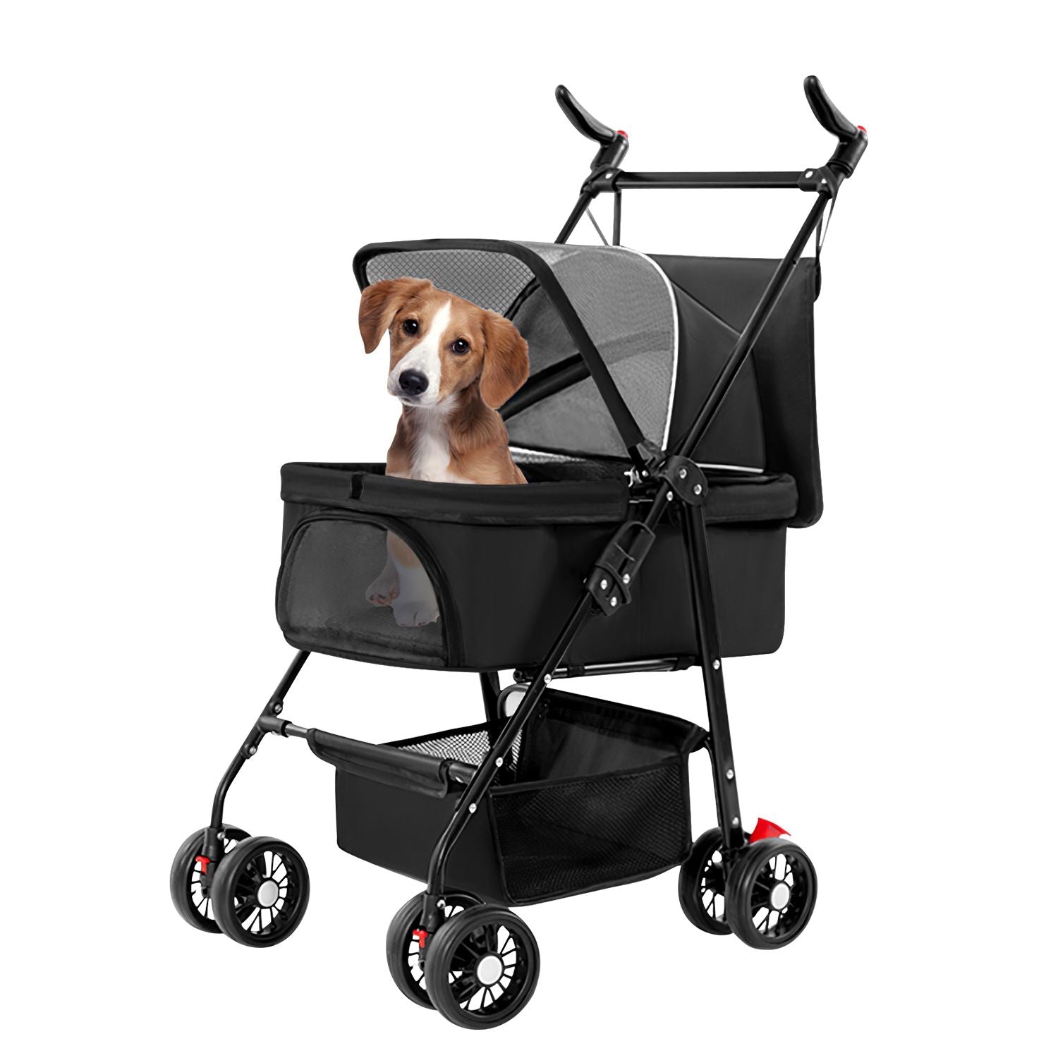 4 Wheels Pet Stroller Foldable Carrier Strolling Cart Travel Jogger with Removable Liner Storage