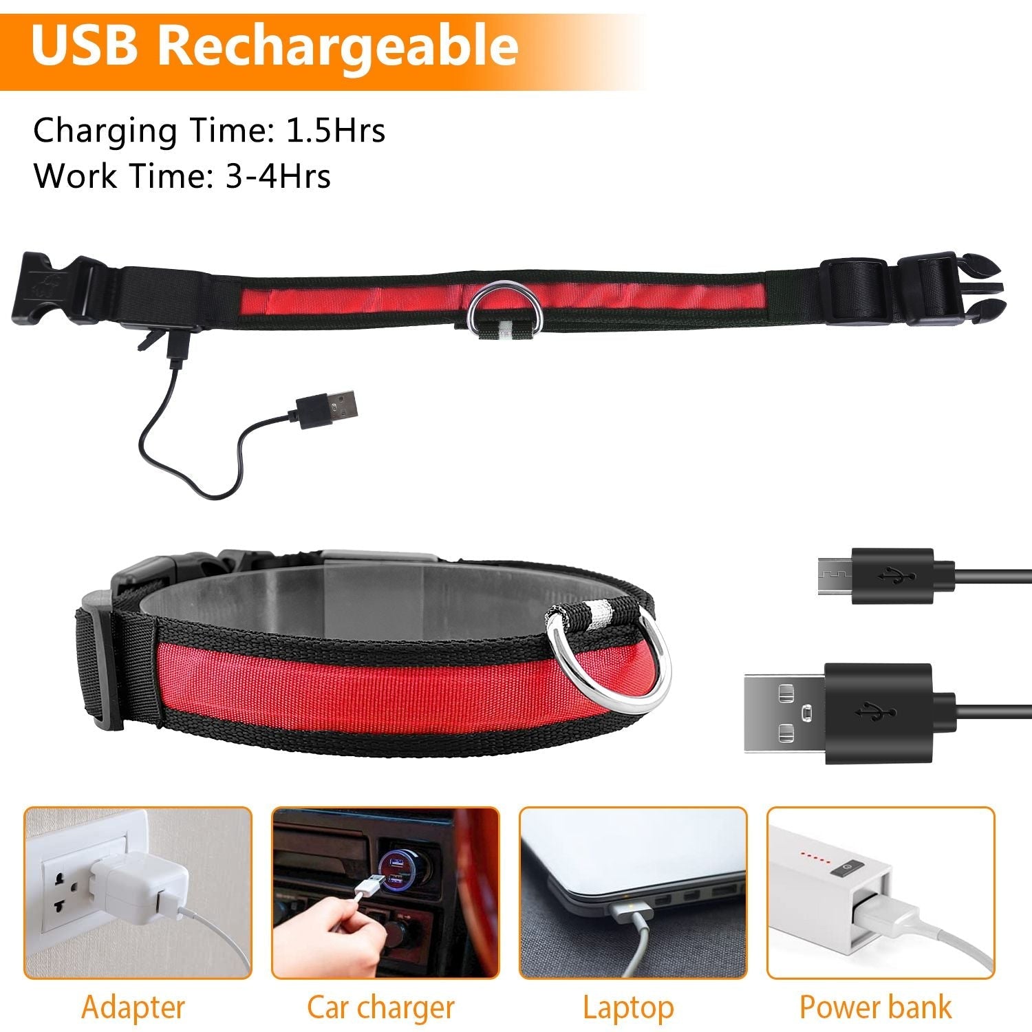 LED Dog Collar USB Rechargeable Adjustable Night Safety Flashing Luminous Light up