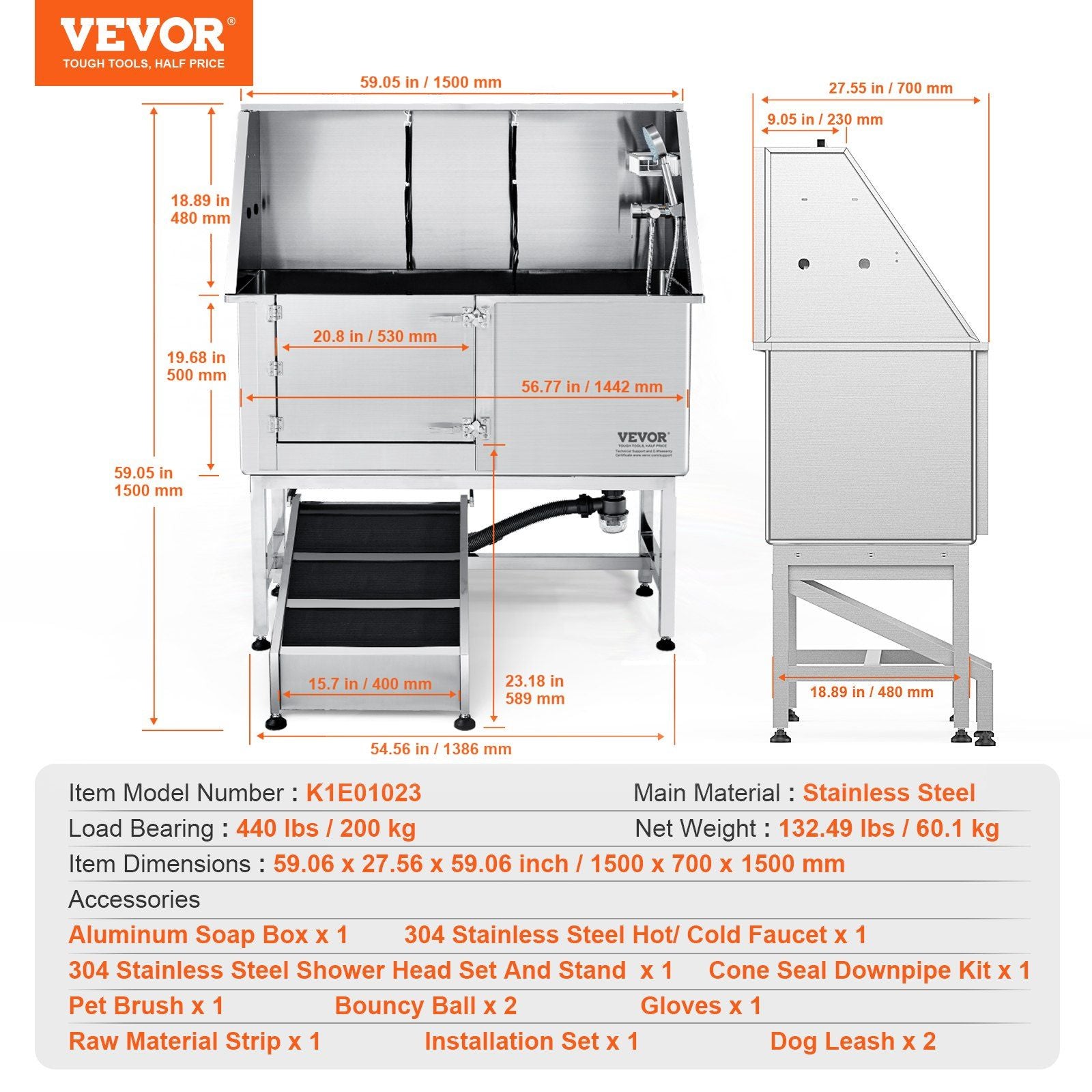 VEVOR 62" Pet Dog Bathing Station w/Ramp, Professional