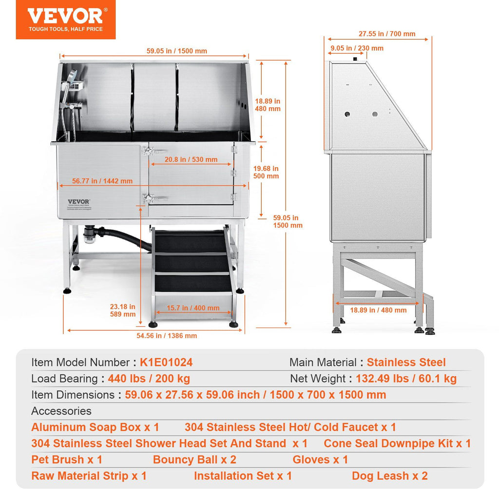 VEVOR 62" Pet Dog Bathing Station w/Ramp, Professional