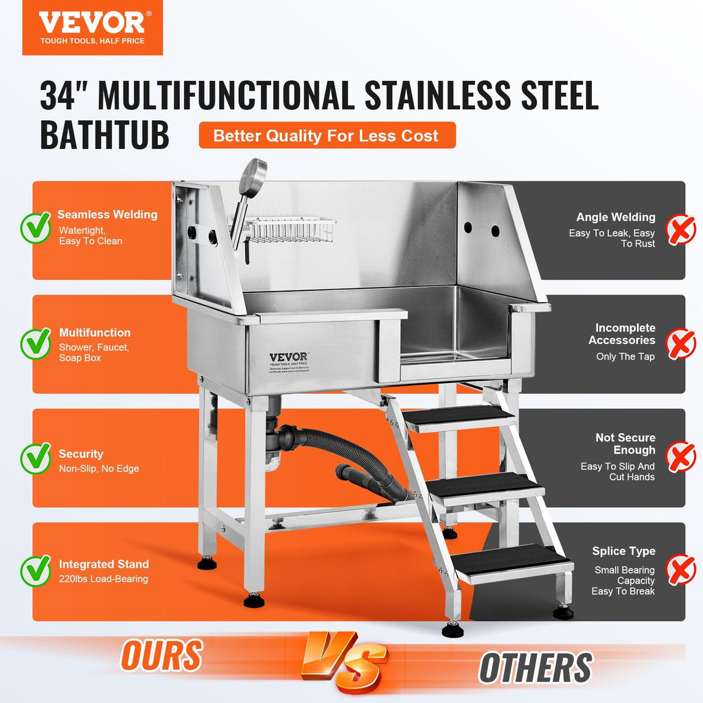VEVOR Professional Stainless Steel Pet Dog Bathing Station w/ Ramp