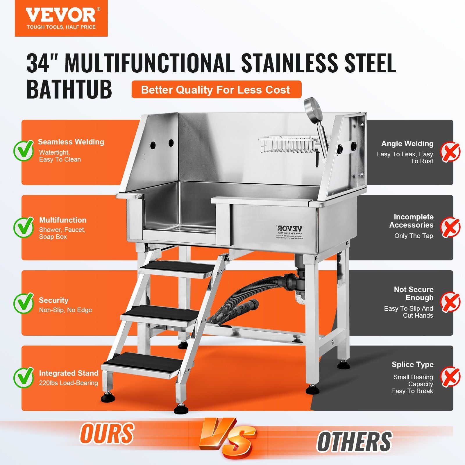 VEVOR Professional Stainless Steel Pet Dog Bathing Station w/ Ramp