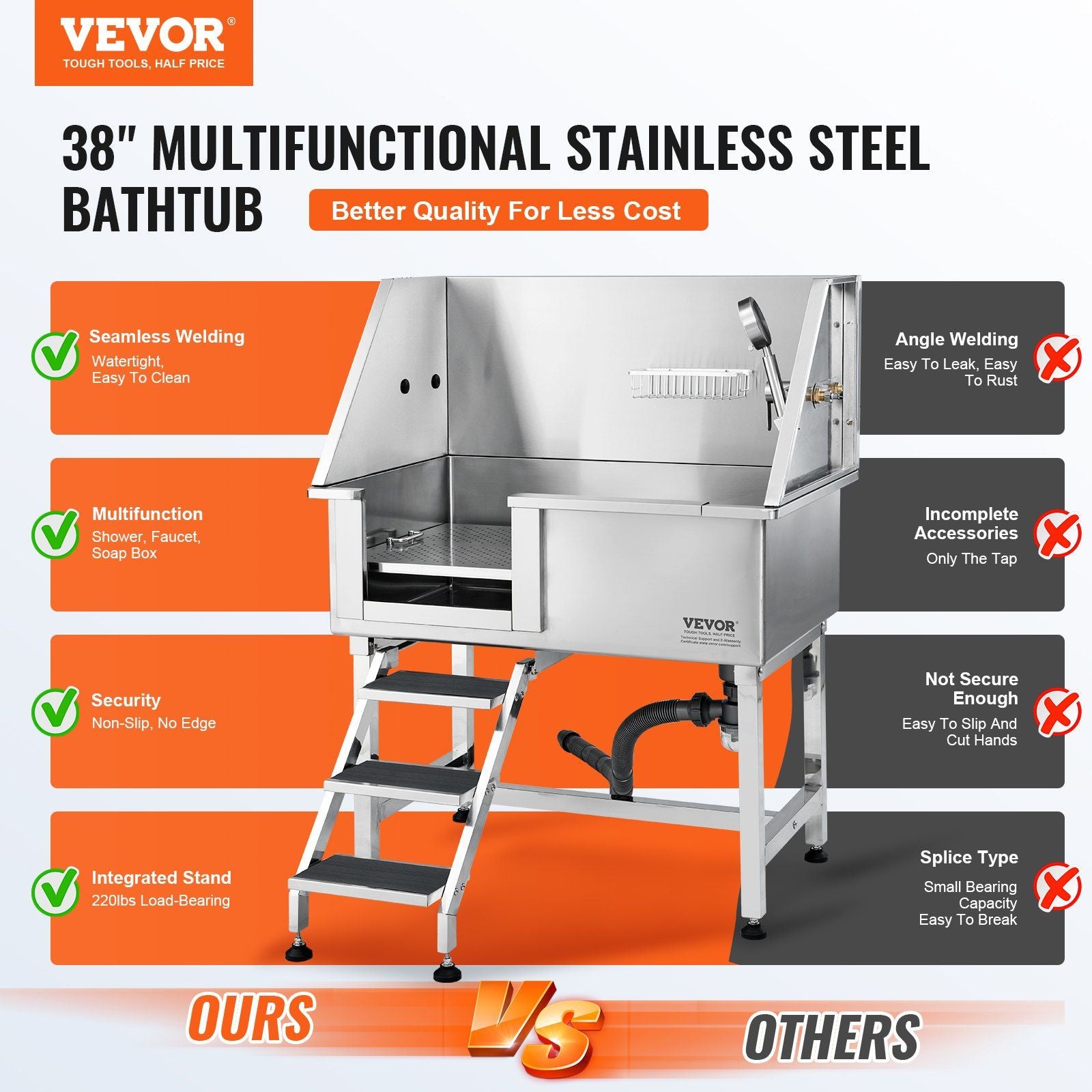 VEVOR Professional Stainless Steel Pet Dog Bathing Station w/ Ramp