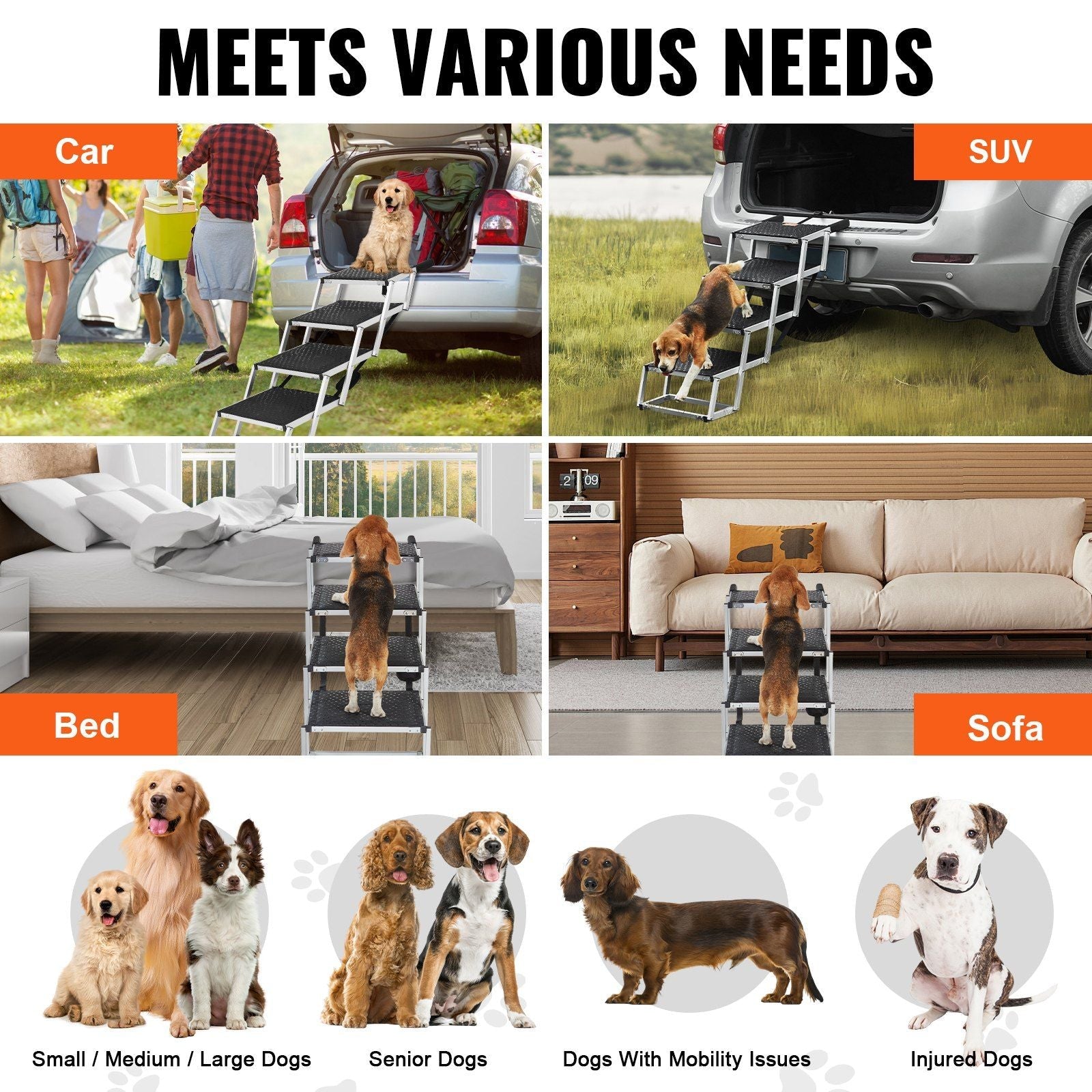 VEVOR Dog Stair for Cars, Wide 4-step Dog Car Steps, Folding Dog Car Ramp with Nonslip Surface, Portable Pet Steps Lightweight Aluminum for Car, SUV and Truck, Supports up to 250 lbs
